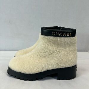 Chanel Shearling Lambskin Ivory Metal Logo Ankle Winter